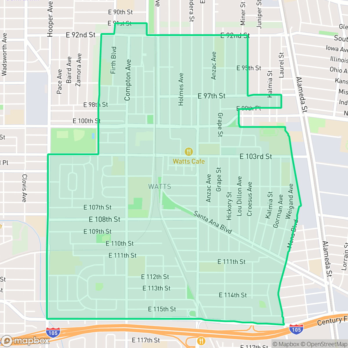 Map showing the location of Watts, Los Angeles, CA
