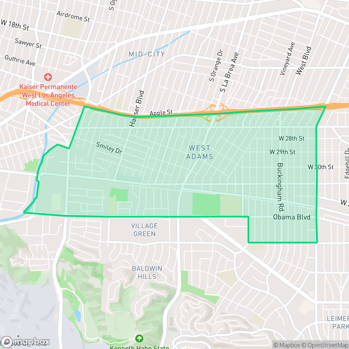 Map showing the location of West Adams, Los Angeles, CA