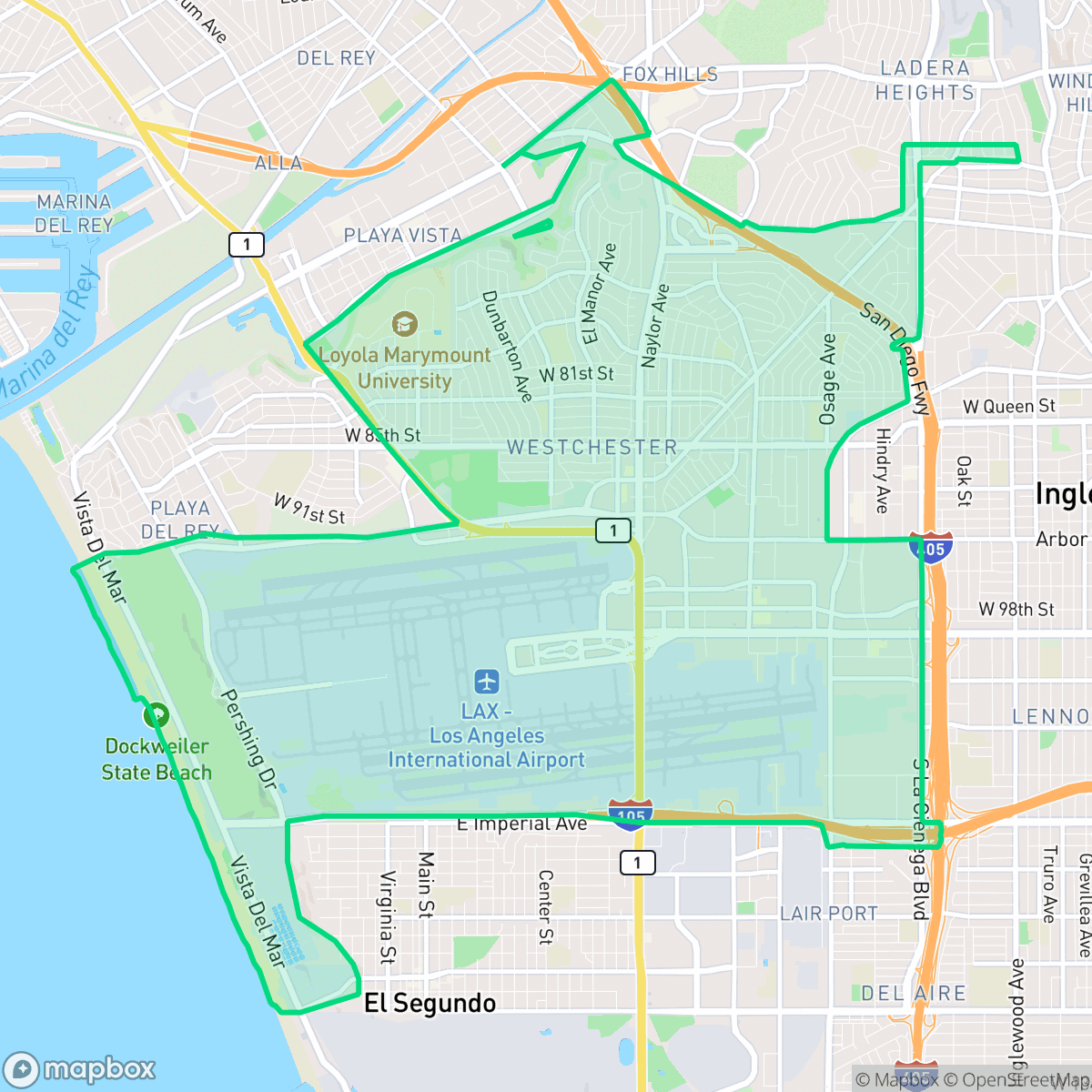 Map showing the location of Westchester, Los Angeles, CA