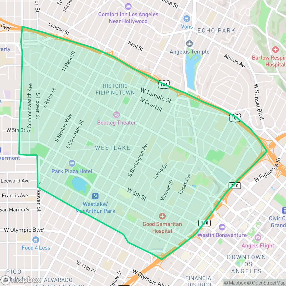Map showing the location of Westlake, Los Angeles, CA