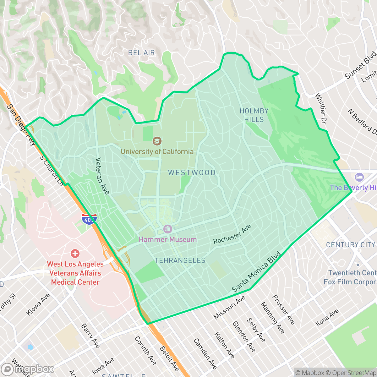 Map showing the location of Westwood, Los Angeles, CA