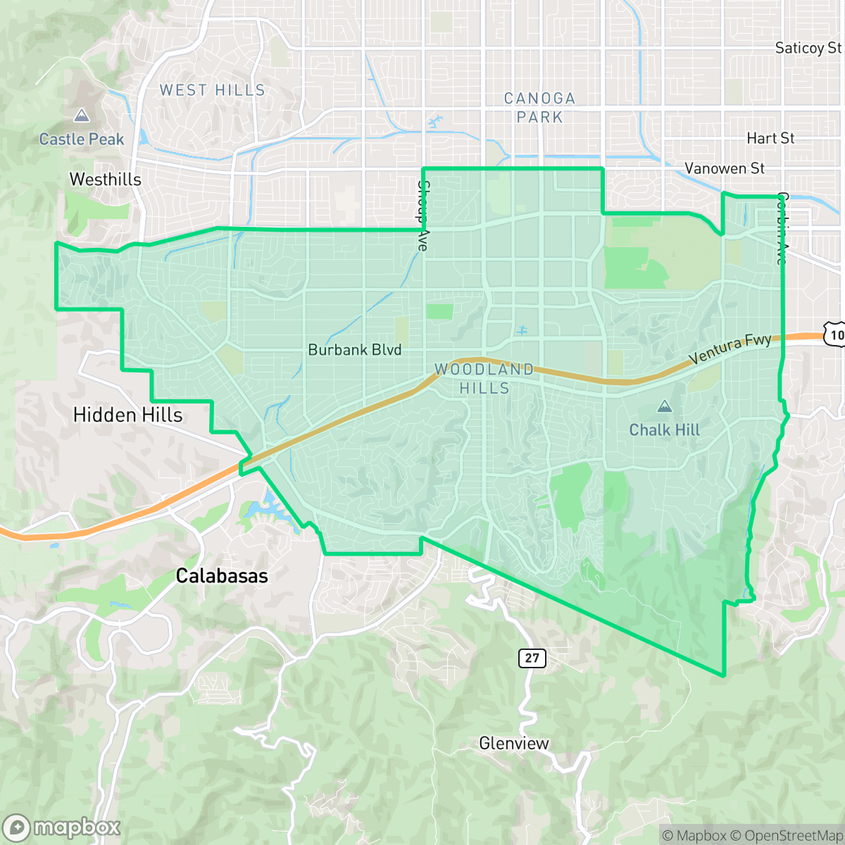 Map showing the location of Woodland Hills, Los Angeles, CA