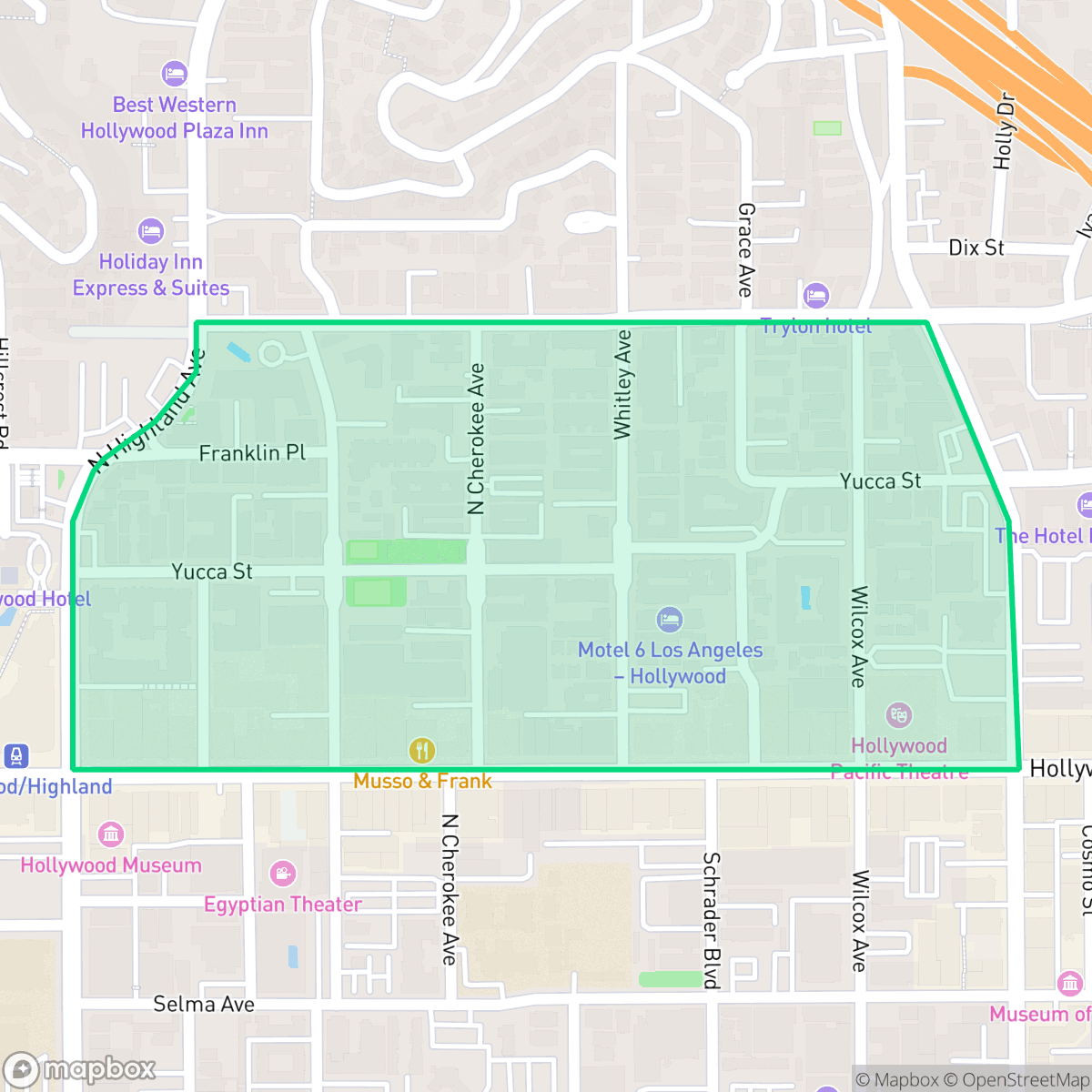 Map showing the location of Yucca Corridor, Los Angeles, CA