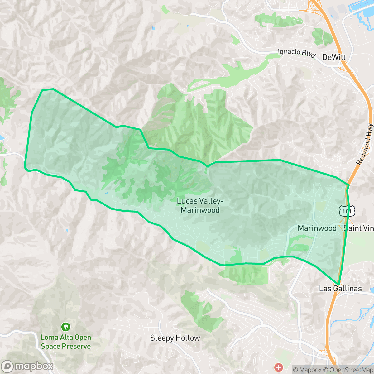 Map showing the location of Lucas Valley-Marinwood, CA — coverage area