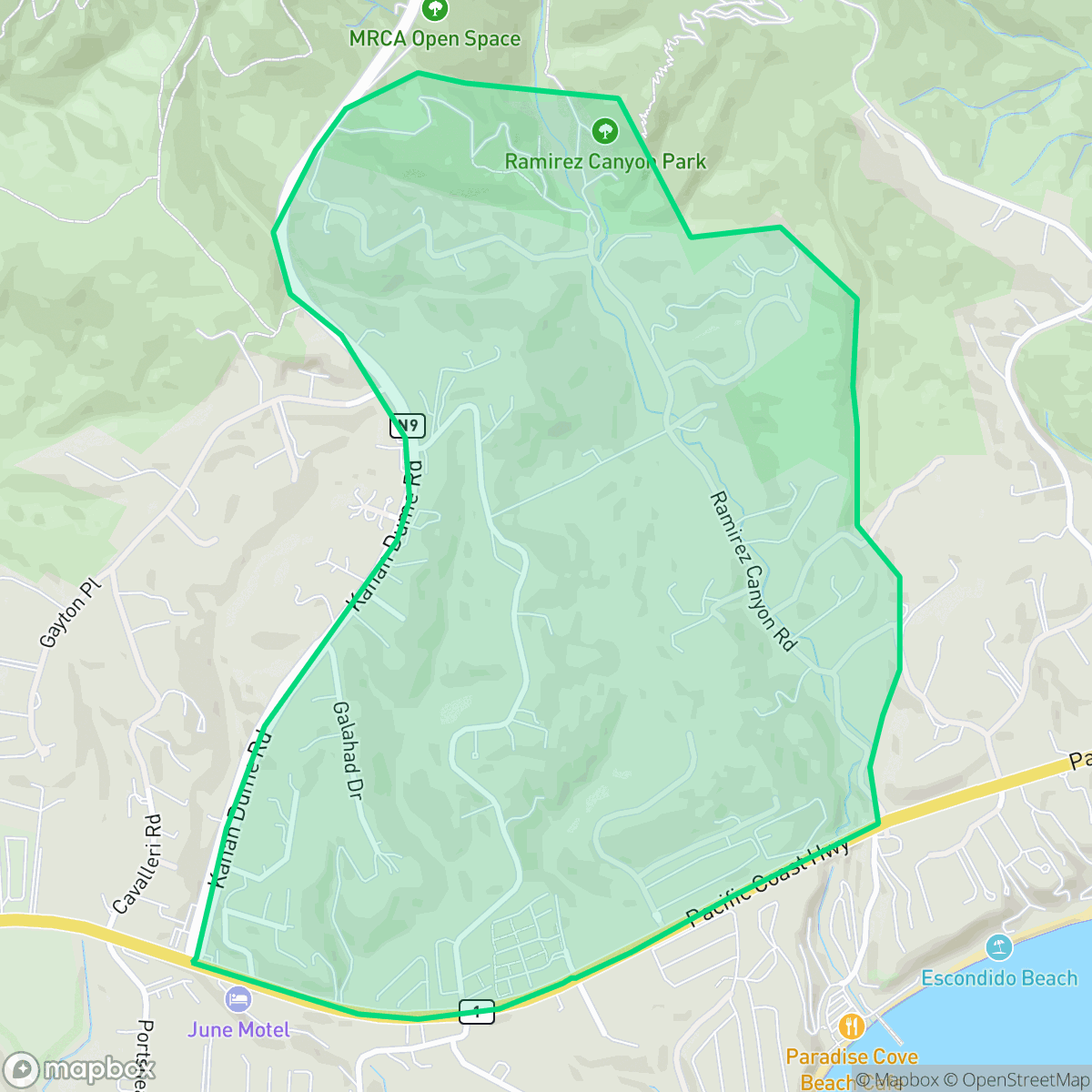 Map showing the location of Ramirez Canyon, Malibu, CA