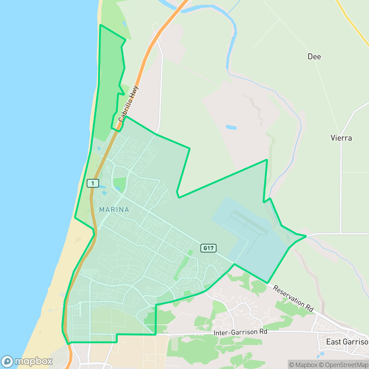 Map showing the location of Marina, CA — coverage area