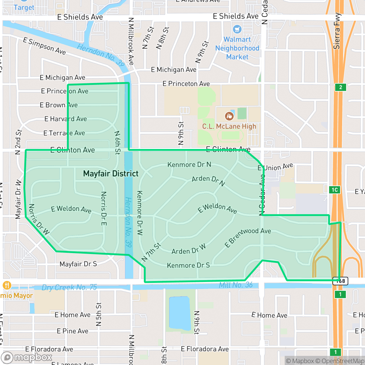 Map showing the location of Mayfair, CA — coverage area