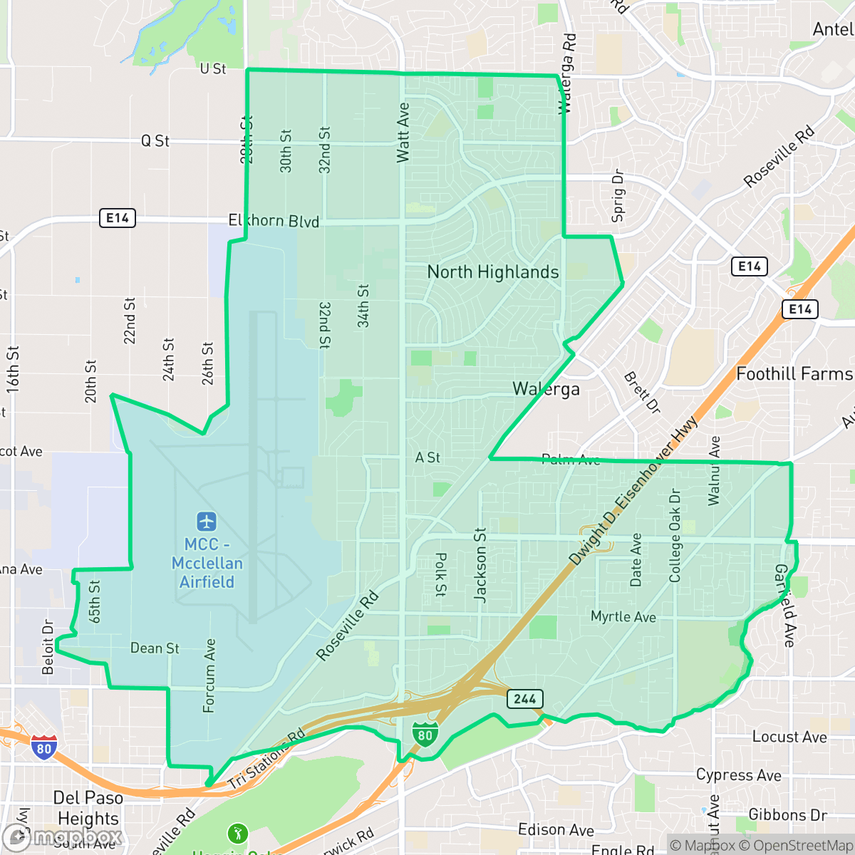 Map showing the location of North Highlands, McClellan Park, CA