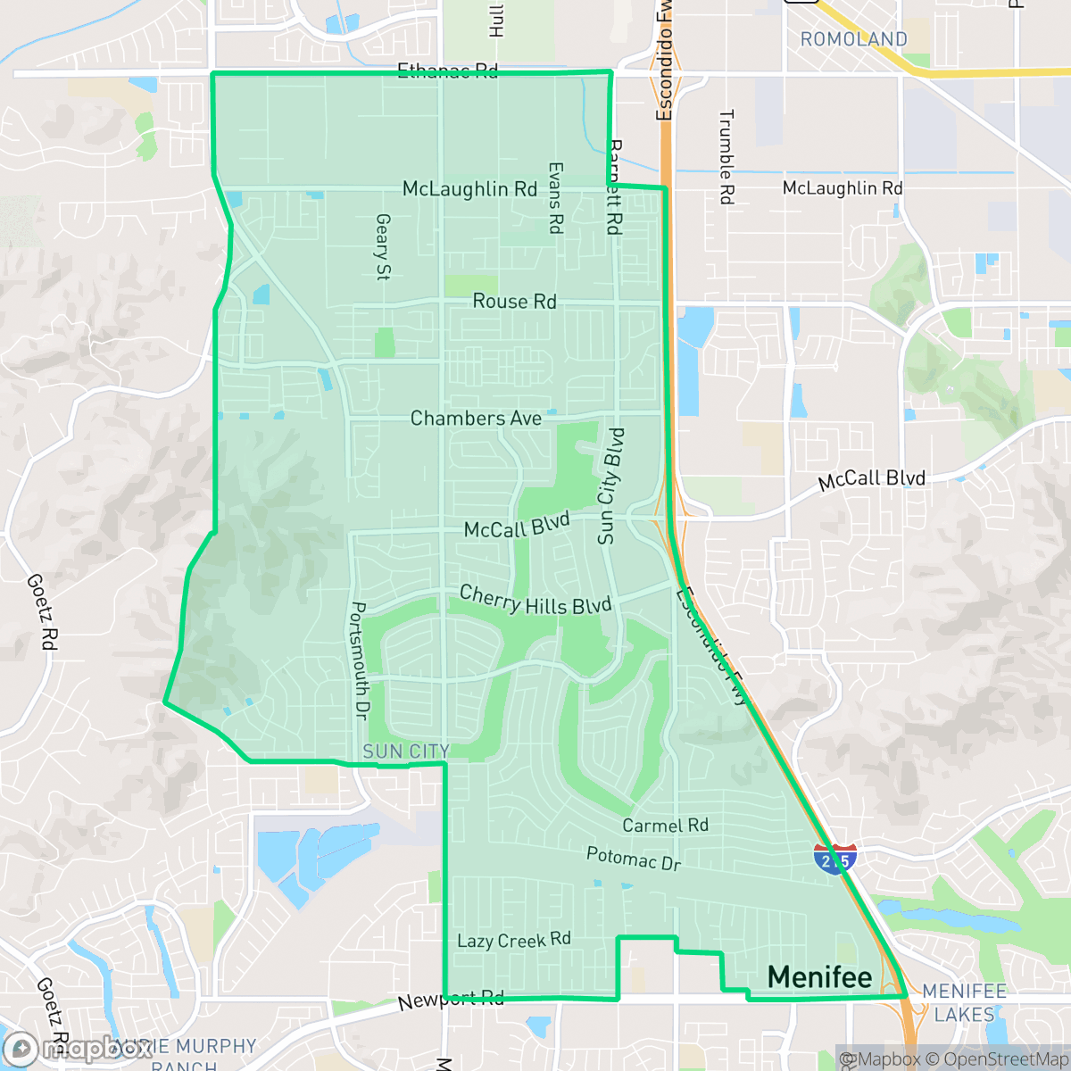 Map showing the location of Sun City, Menifee, CA