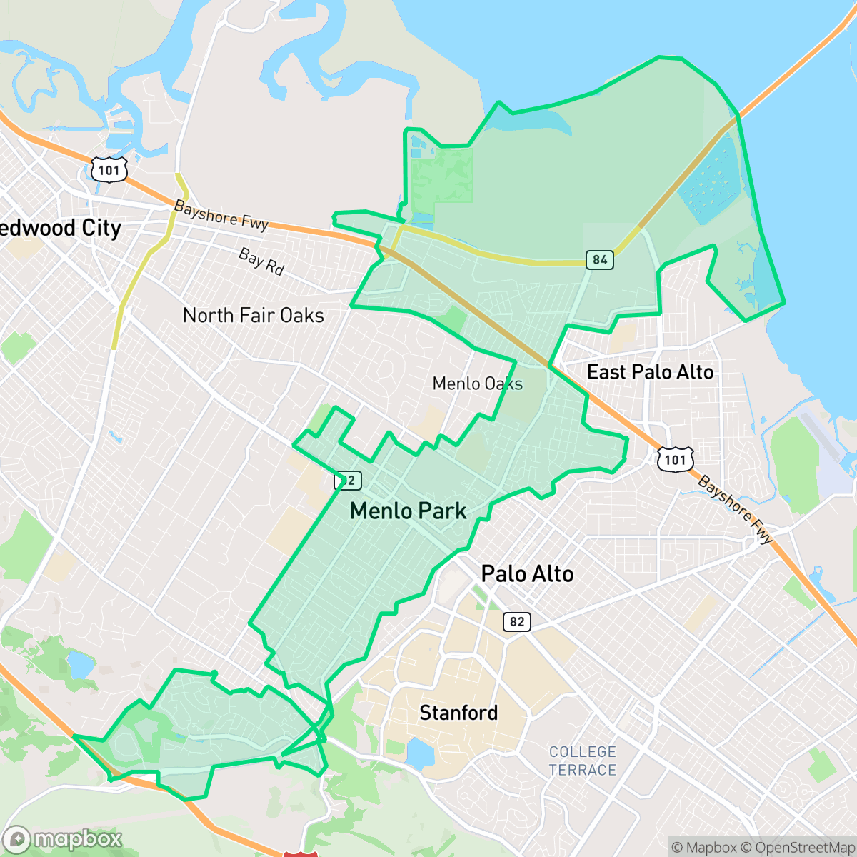 Map showing the location of Menlo Park, CA — coverage area