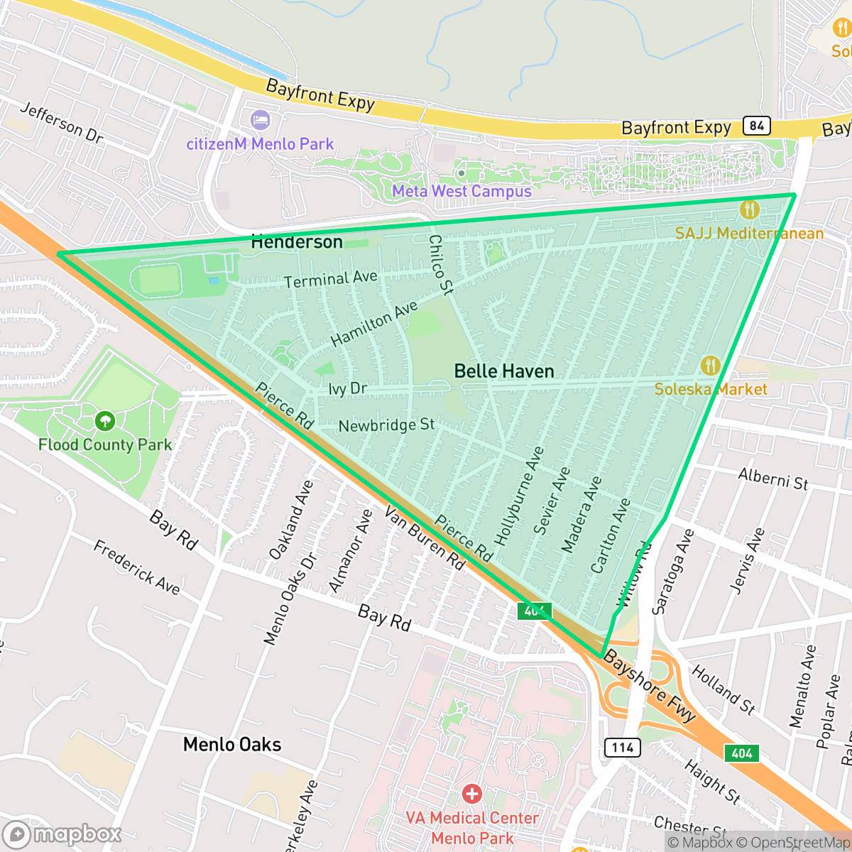 Map showing the location of Belle Haven, Menlo Park, CA