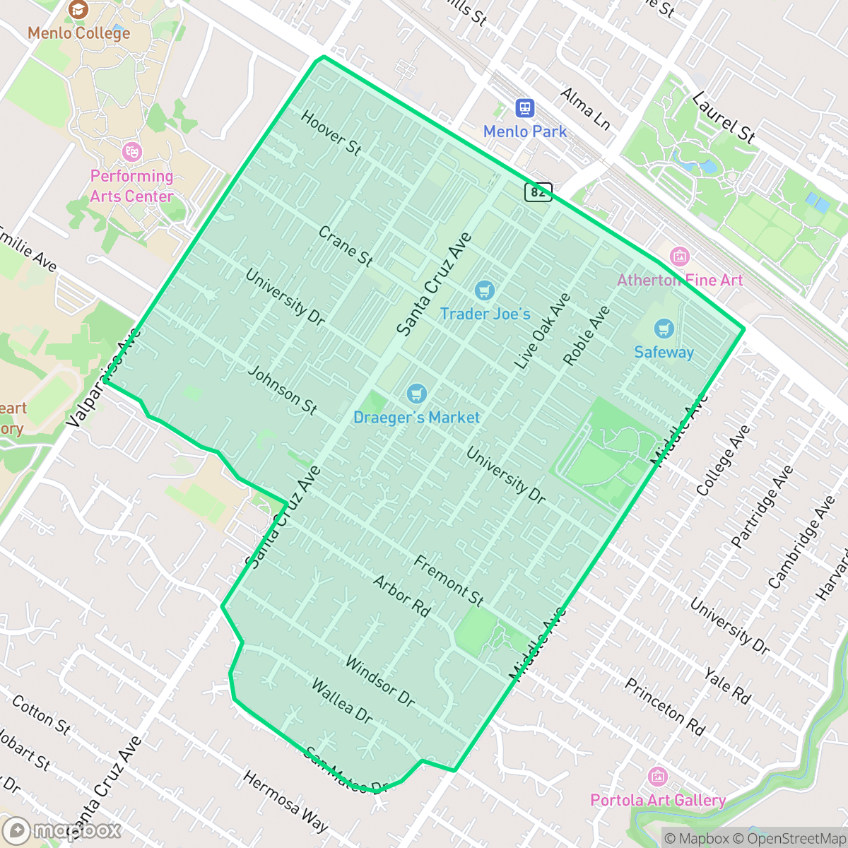 Map showing the location of Downtown Menlo Park, Menlo Park, CA