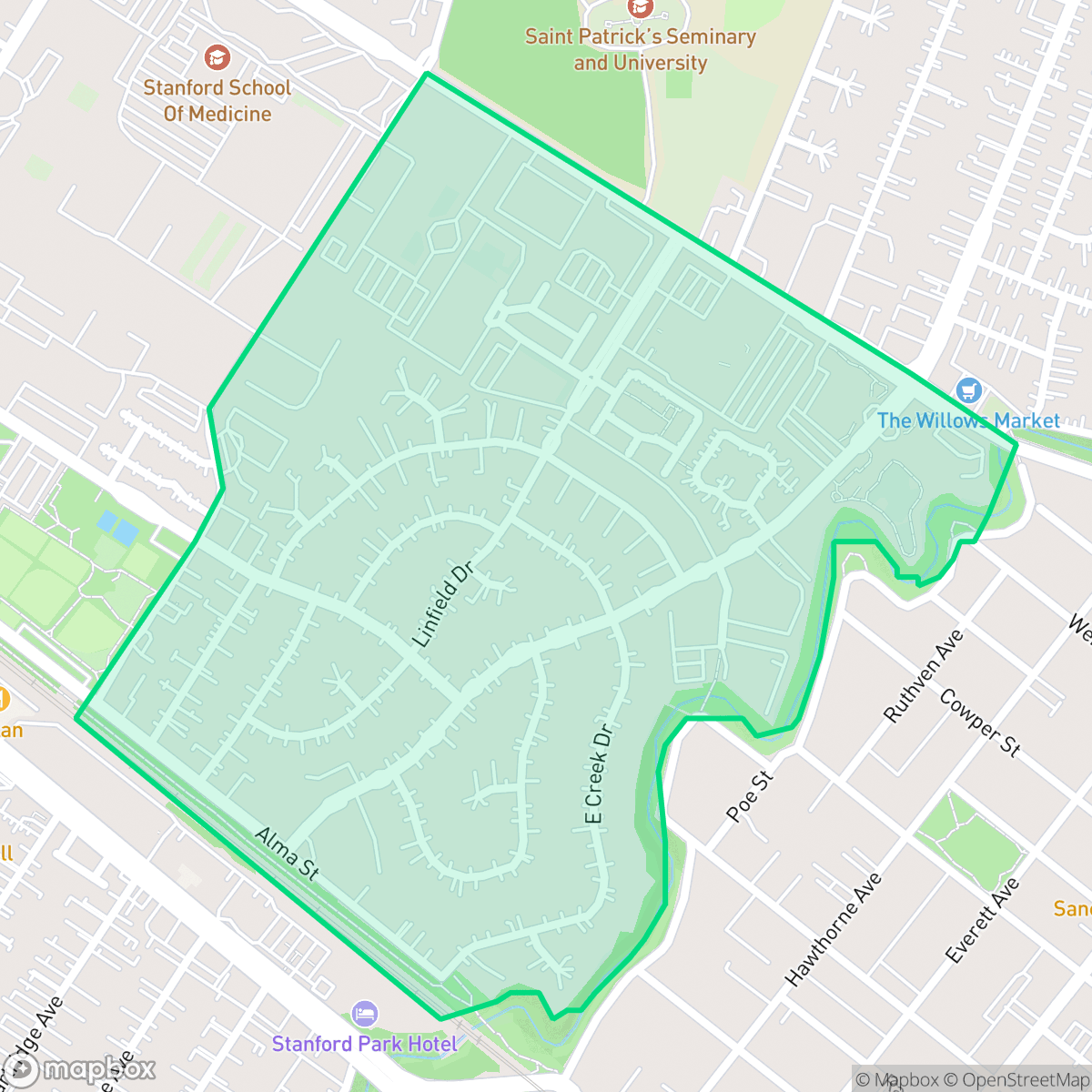 Map showing the location of Linfield Oaks, Menlo Park, CA