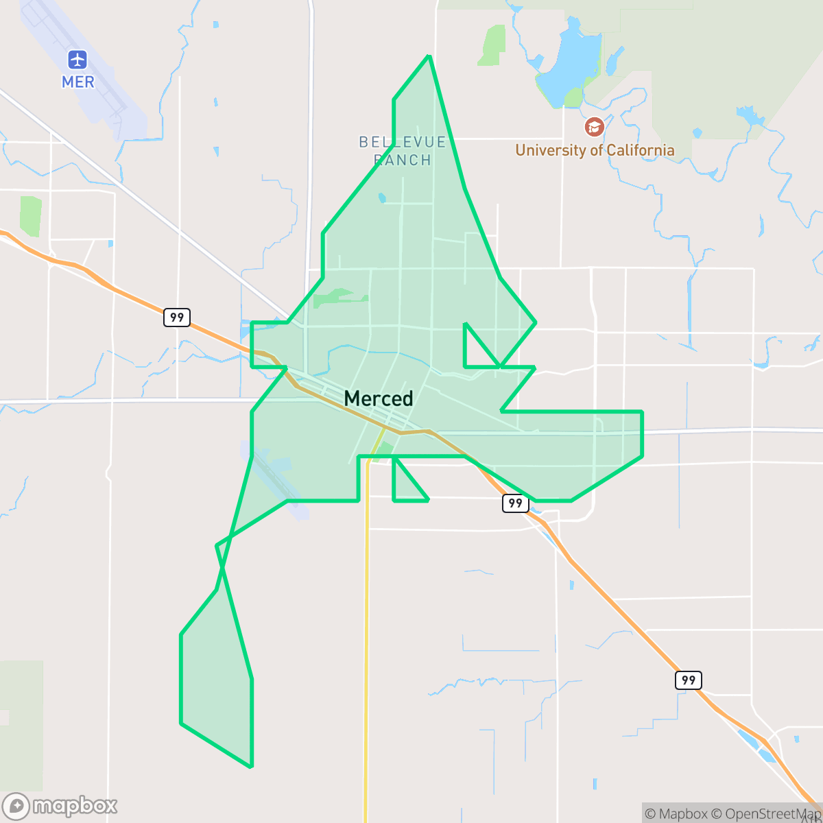 Map showing the location of Merced, CA — coverage area
