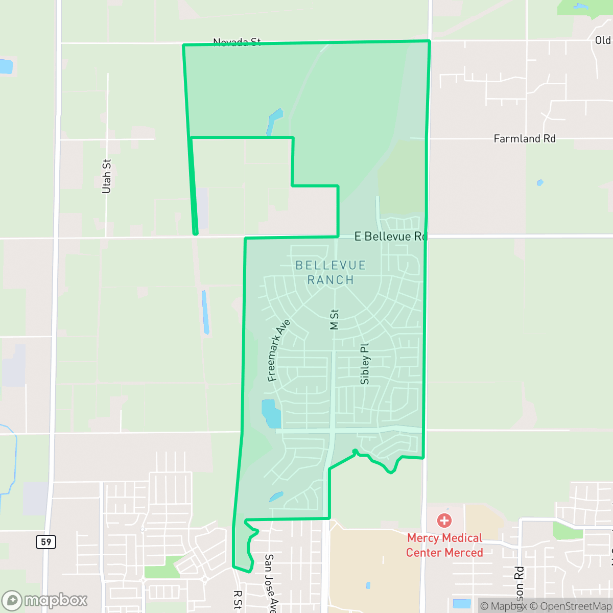 Map showing the location of Bellview Ranch, Merced, CA