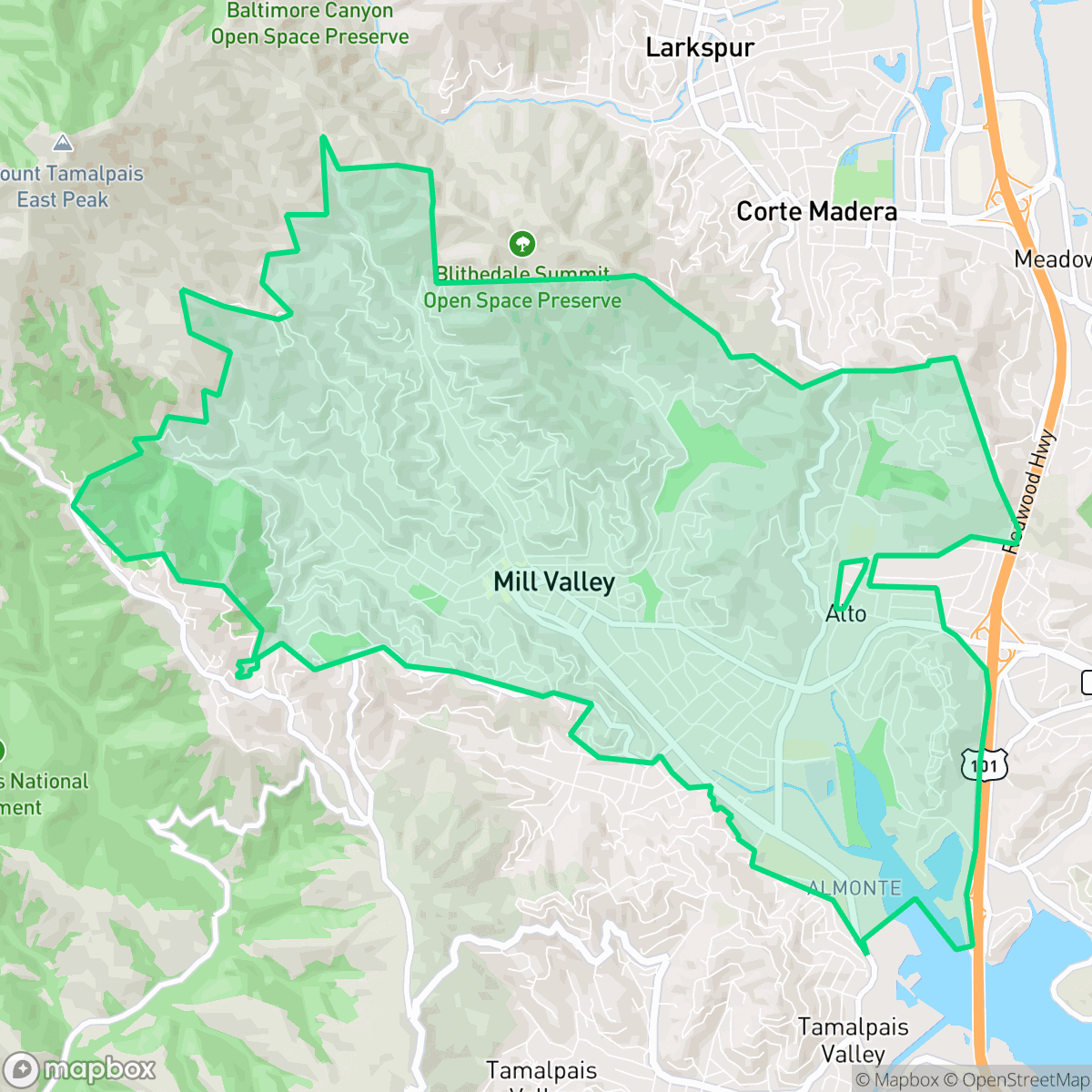 Map showing the location of Mill Valley, CA — coverage area