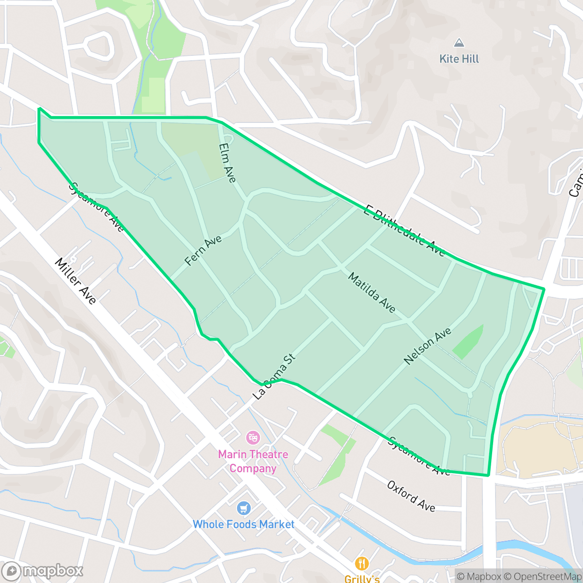 Map showing the location of Sycamore/Tamalpais Park, Mill Valley, CA