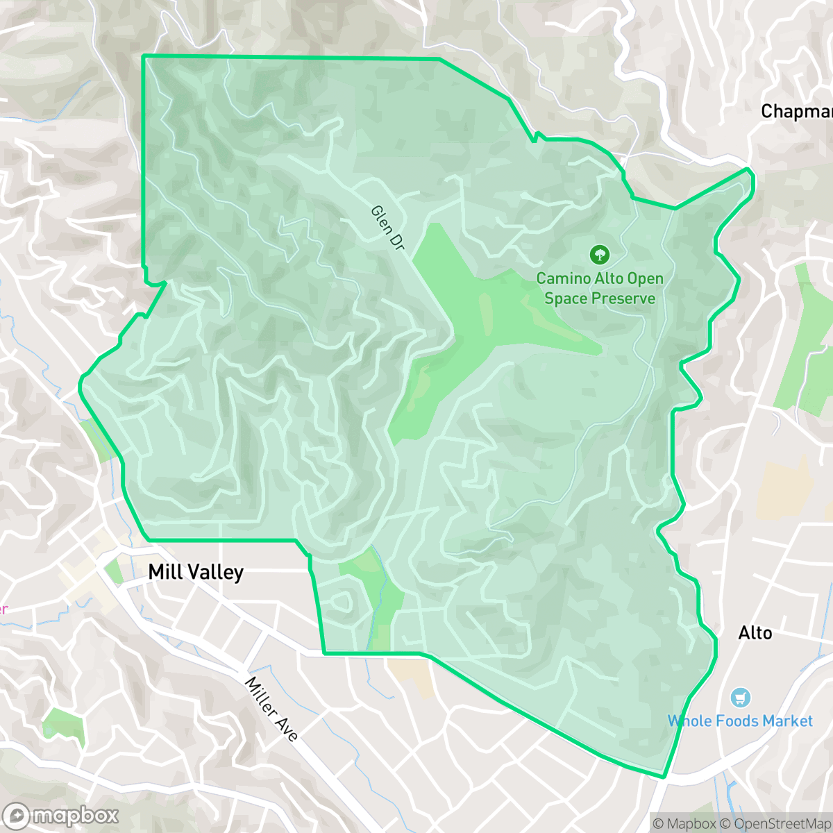 Map showing the location of Warner Canyon/Kite Hill, Mill Valley, CA
