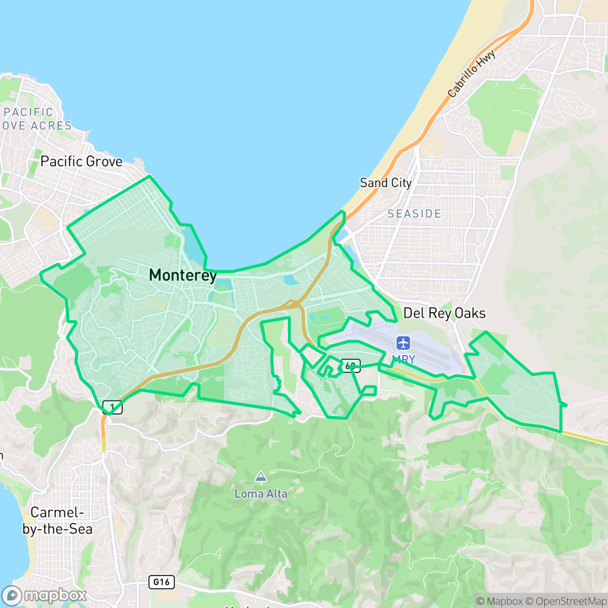 Map showing the location of Monterey, CA — coverage area