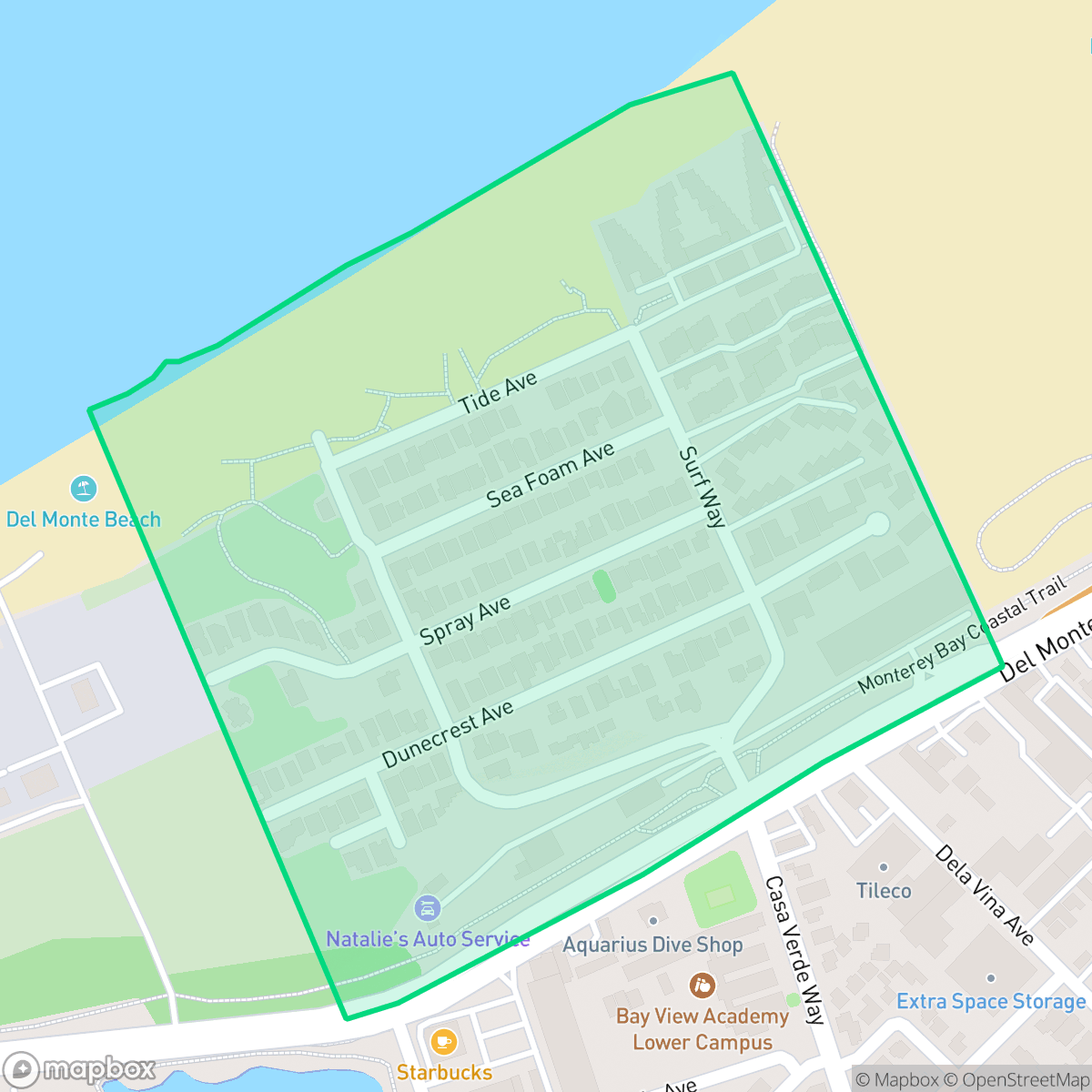 Map showing the location of Del Monte Beach, Monterey, CA