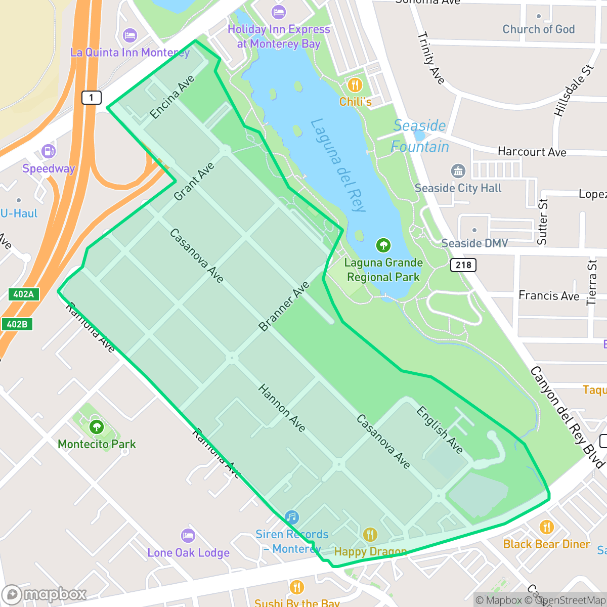 Map showing the location of Del Monte Grove Laguna Grande, Monterey, CA