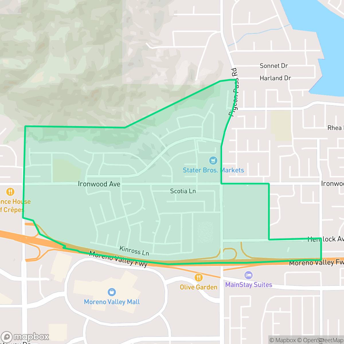 Map showing the location of Box Springs, Moreno Valley, CA
