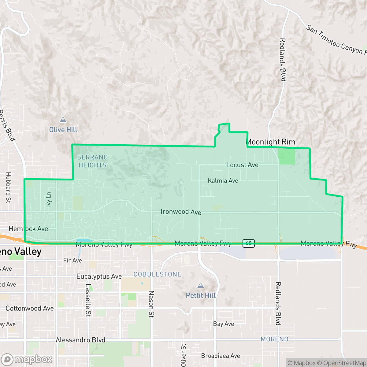Map showing the location of Cloverdale, Moreno Valley, CA
