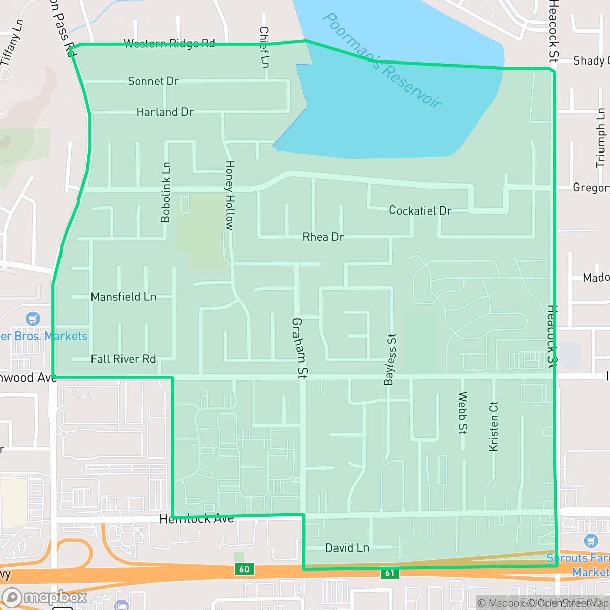 Map showing the location of Honey Hollow, Moreno Valley, CA