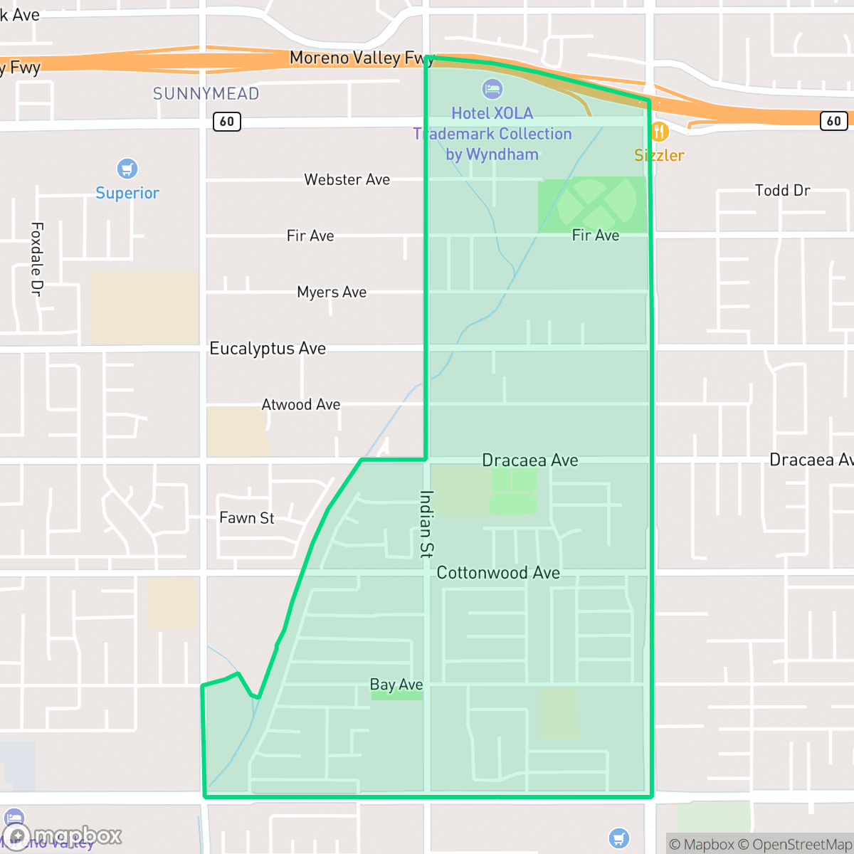 Map showing the location of Ramona, Moreno Valley, CA