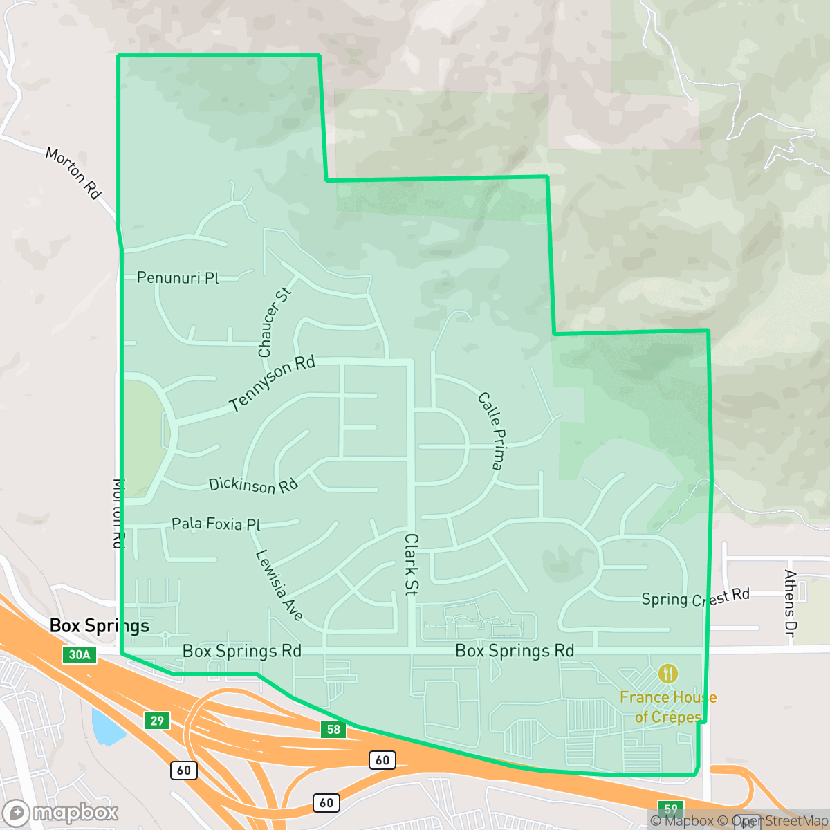 Map showing the location of Seneca, Moreno Valley, CA