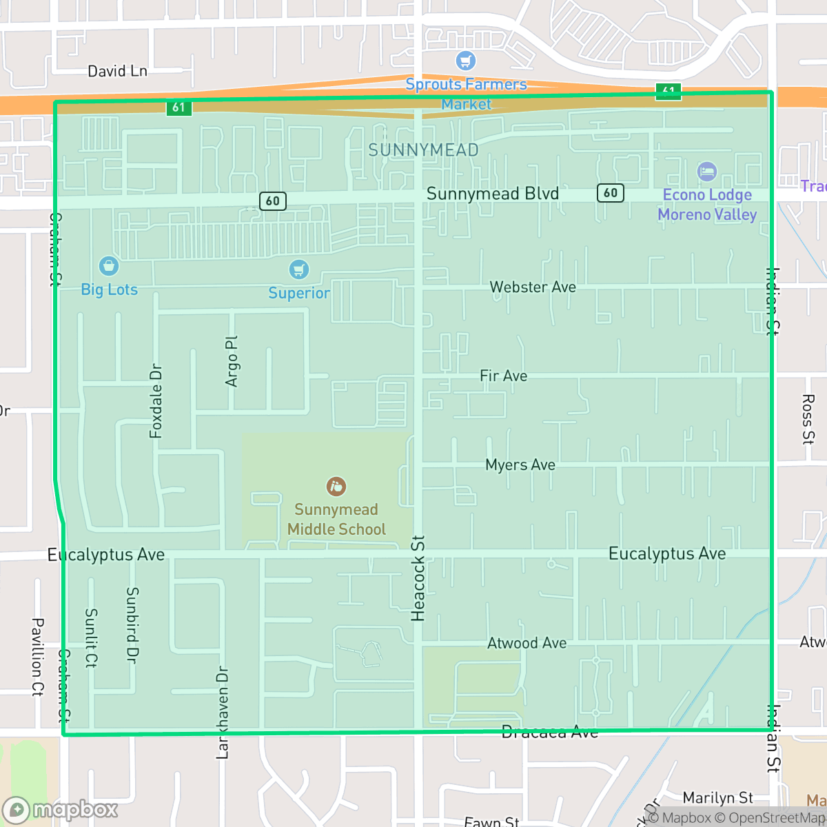 Map showing the location of Sunnymead, Moreno Valley, CA
