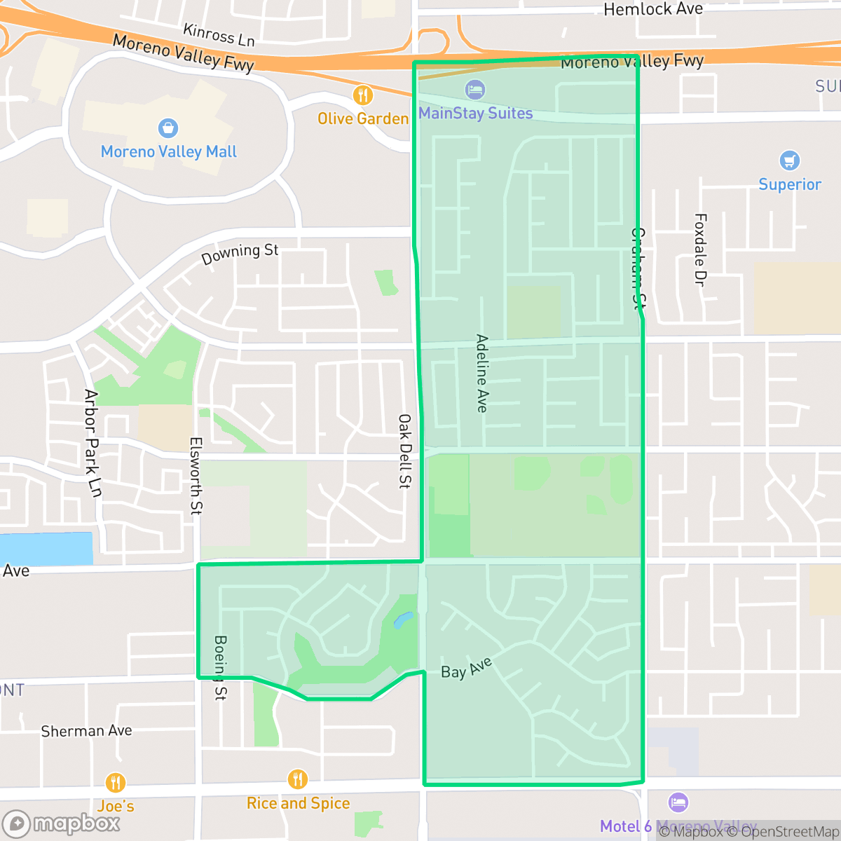 Map showing the location of Sunnymeadows, Moreno Valley, CA