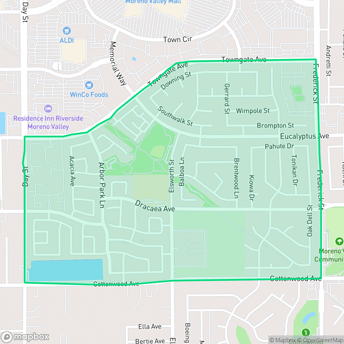 Map showing the location of Towngate, Moreno Valley, CA