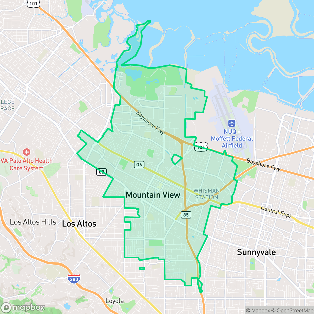 Map showing the location of Mountain View, CA — coverage area
