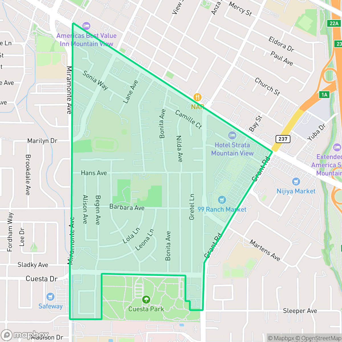 Map showing the location of Cuesta Park, Mountain View, CA