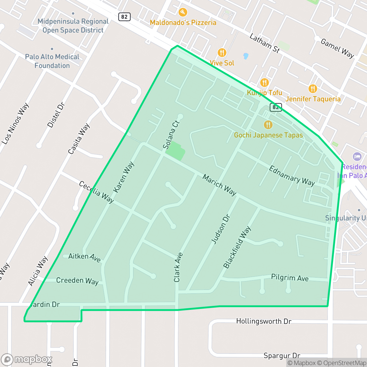 Map showing the location of Gemello Park, Mountain View, CA