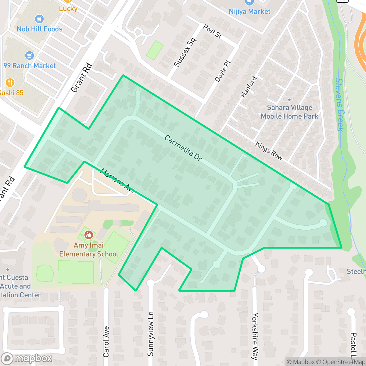 Map showing the location of Martens-Carmelita, Mountain View, CA