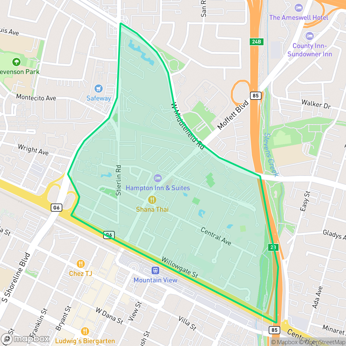 Map showing the location of Moffett Boulevard, Mountain View, CA
