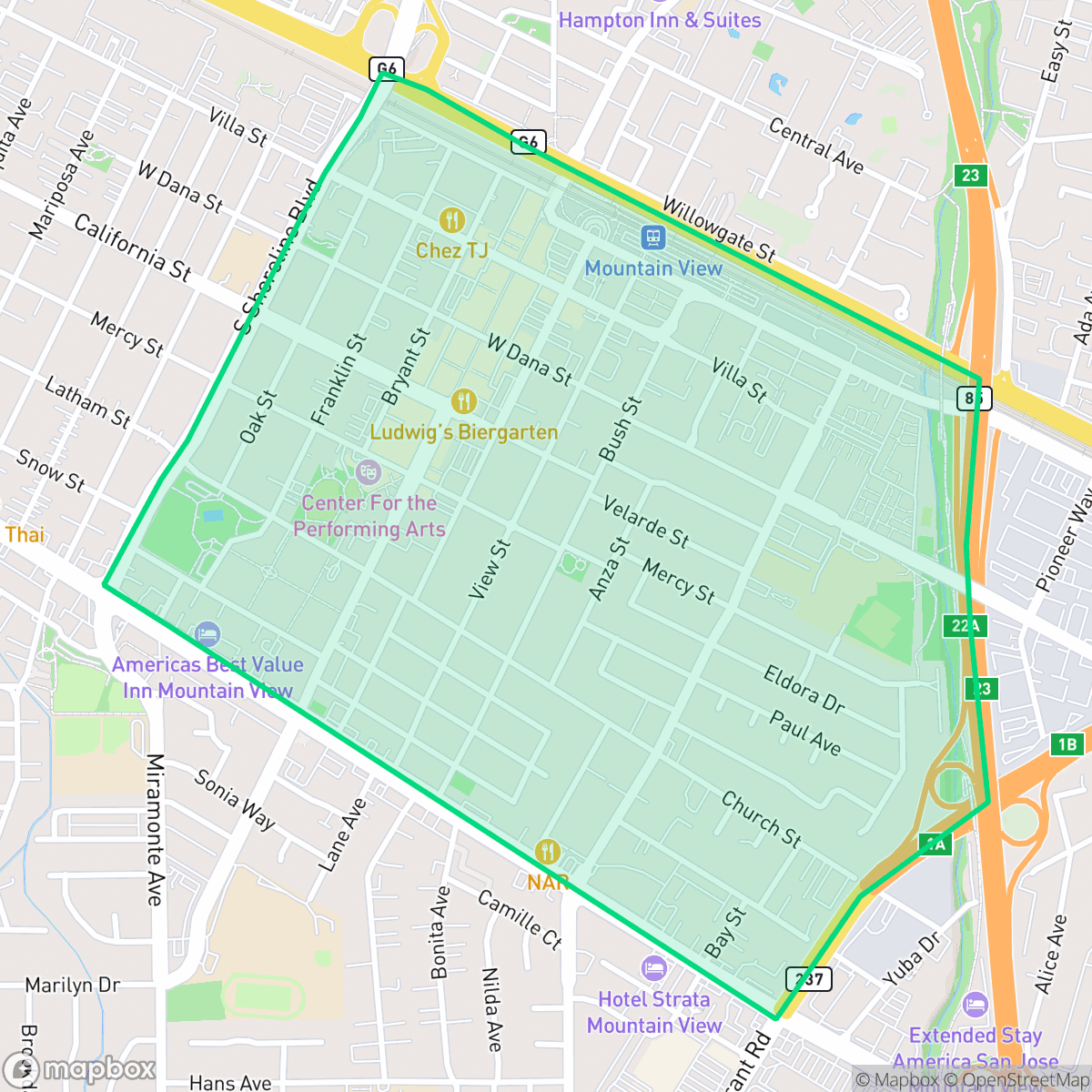 Map showing the location of Old Mountain View, Mountain View, CA