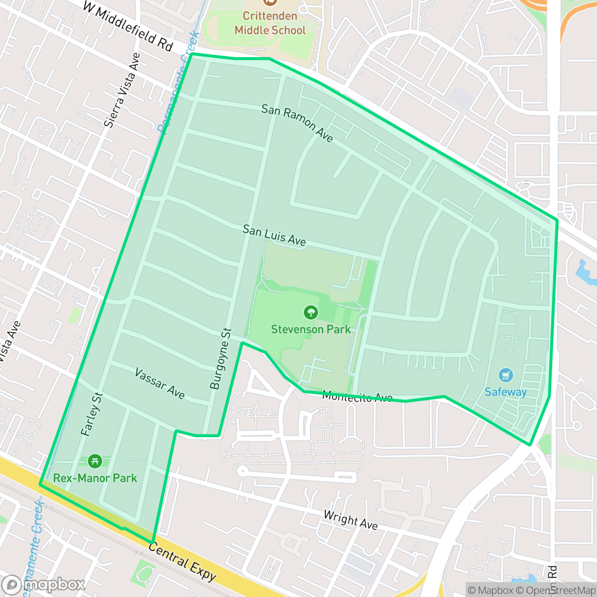 Map showing the location of Rex Manor, Mountain View, CA