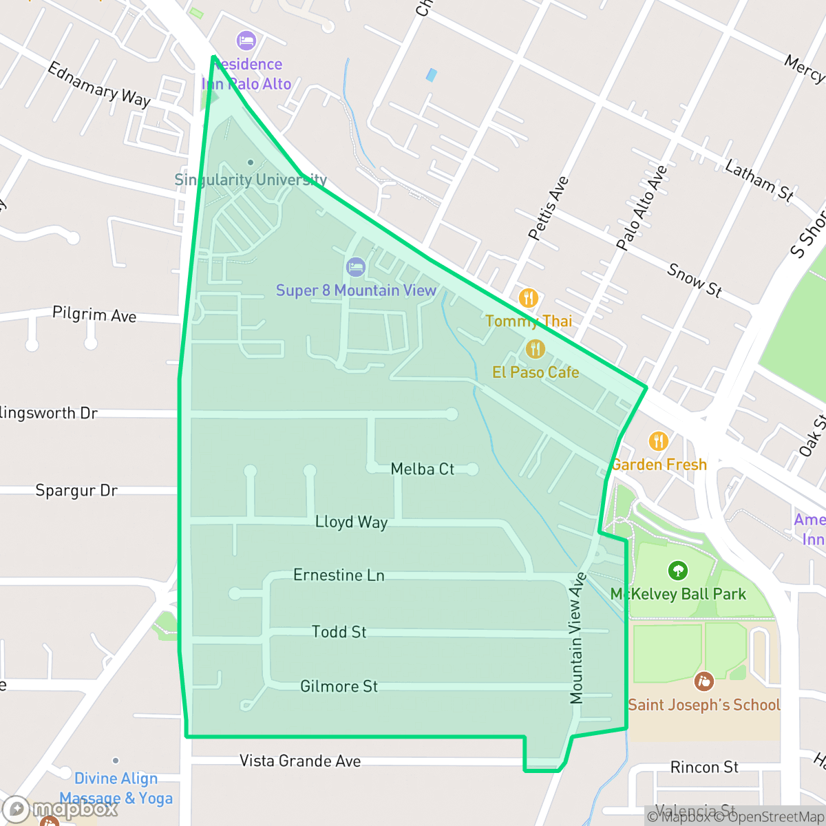 Map showing the location of Saint Francis Acres, Mountain View, CA
