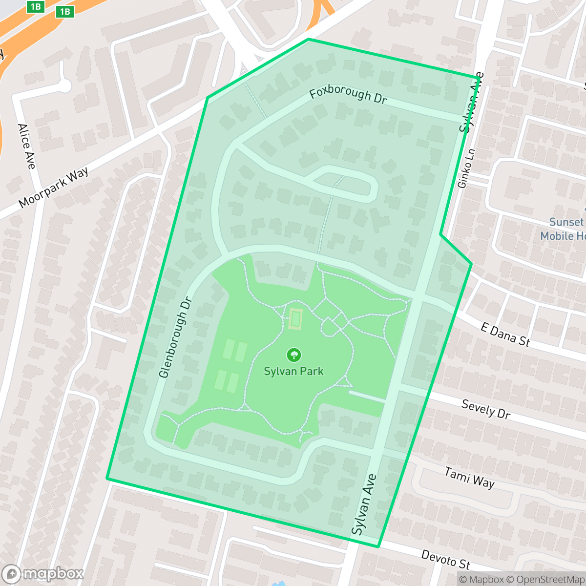 Map showing the location of Sylvan Park, Mountain View, CA