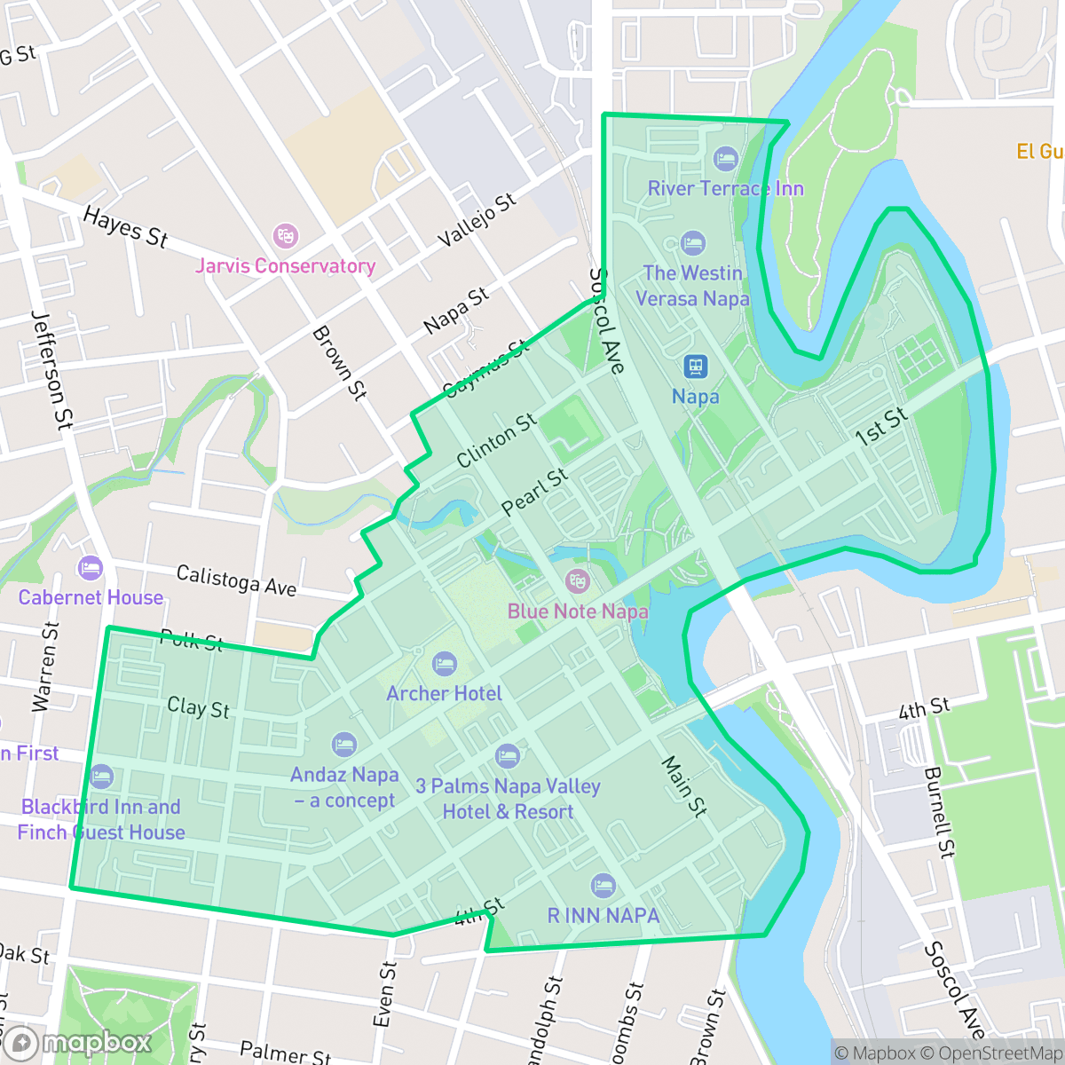 Map showing the location of Downtown, Napa, CA