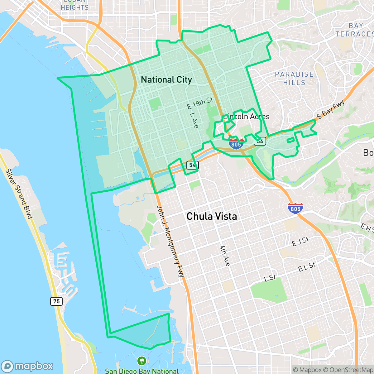 Map showing the location of National City, CA — coverage area