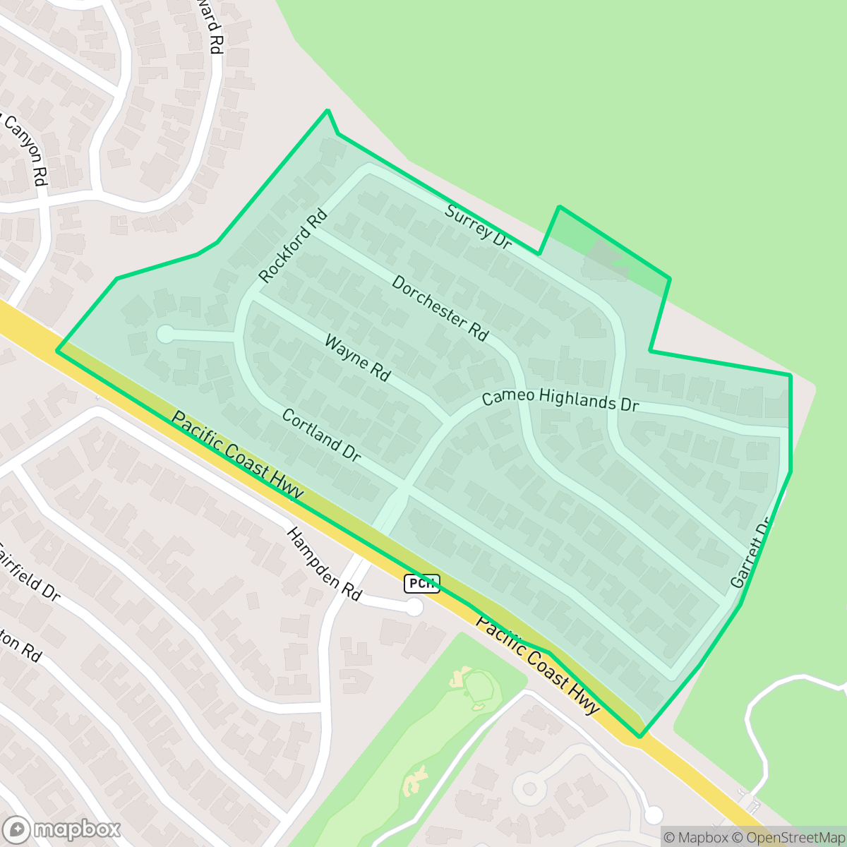 Map showing the location of Cameo Highlands, Newport Beach, CA