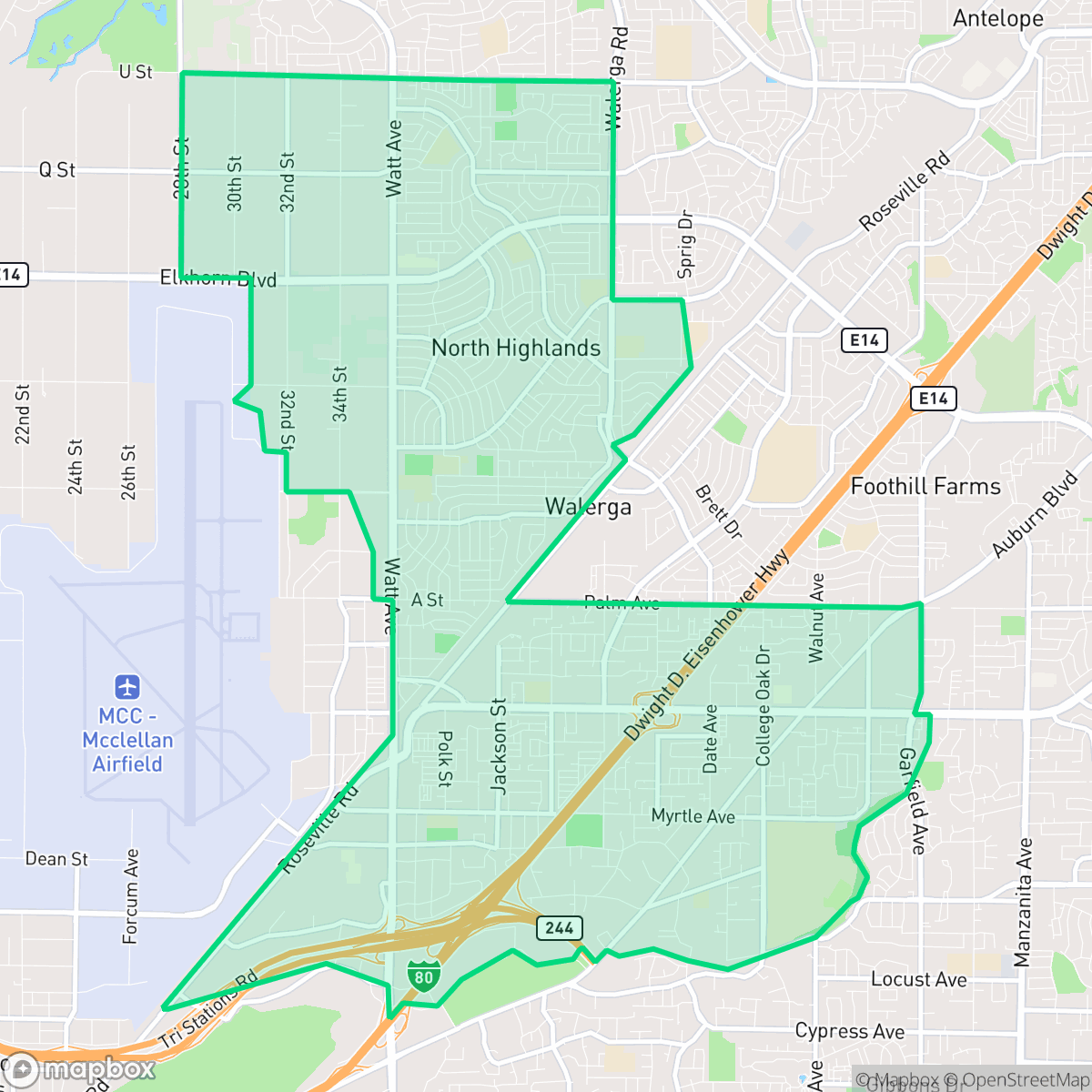 Map showing the location of North Highlands, CA — coverage area