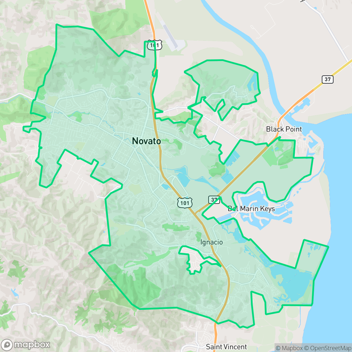 Map showing the location of Novato, CA — coverage area