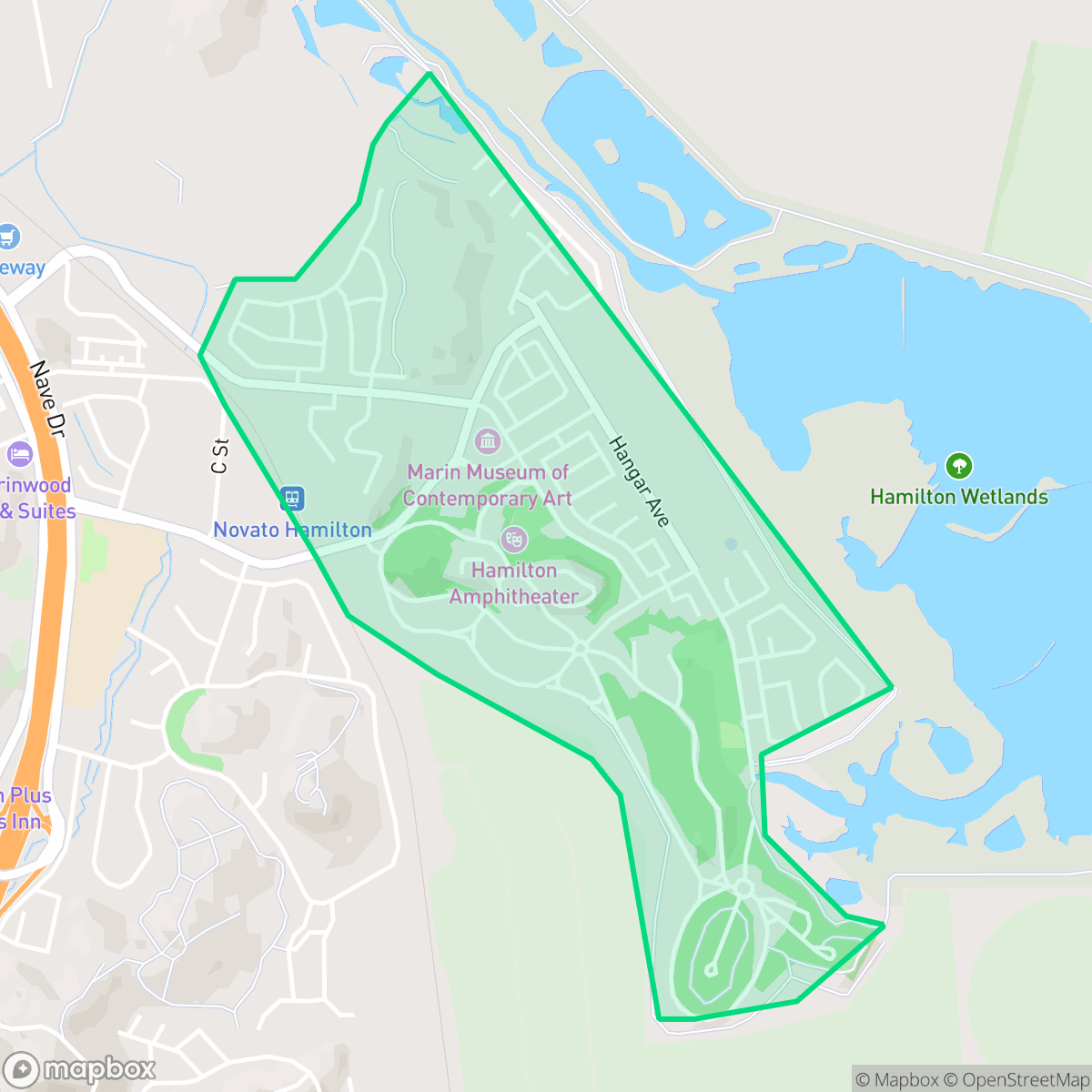 Map showing the location of Hamilton, Novato, CA