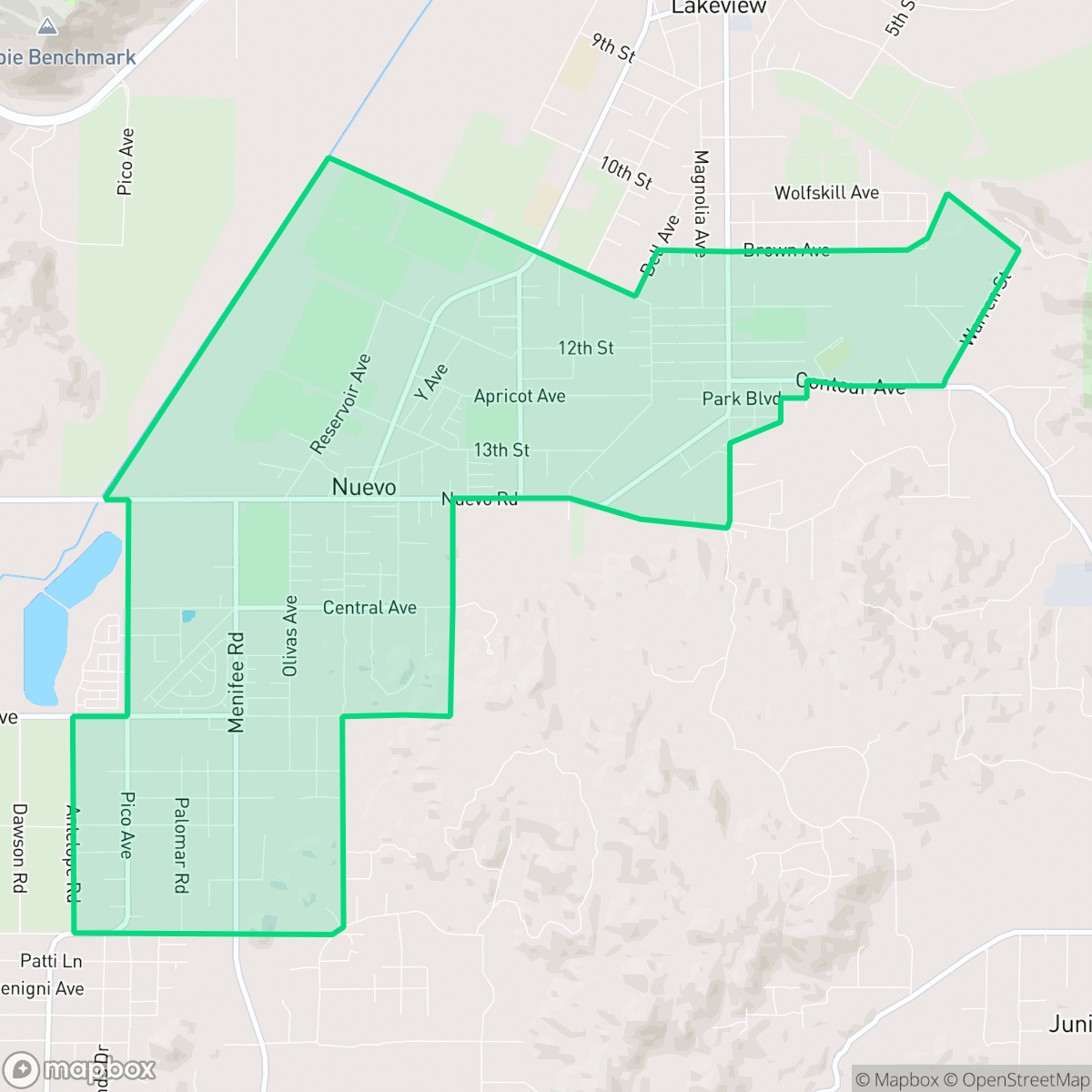 Map showing the location of Nuevo, CA — coverage area