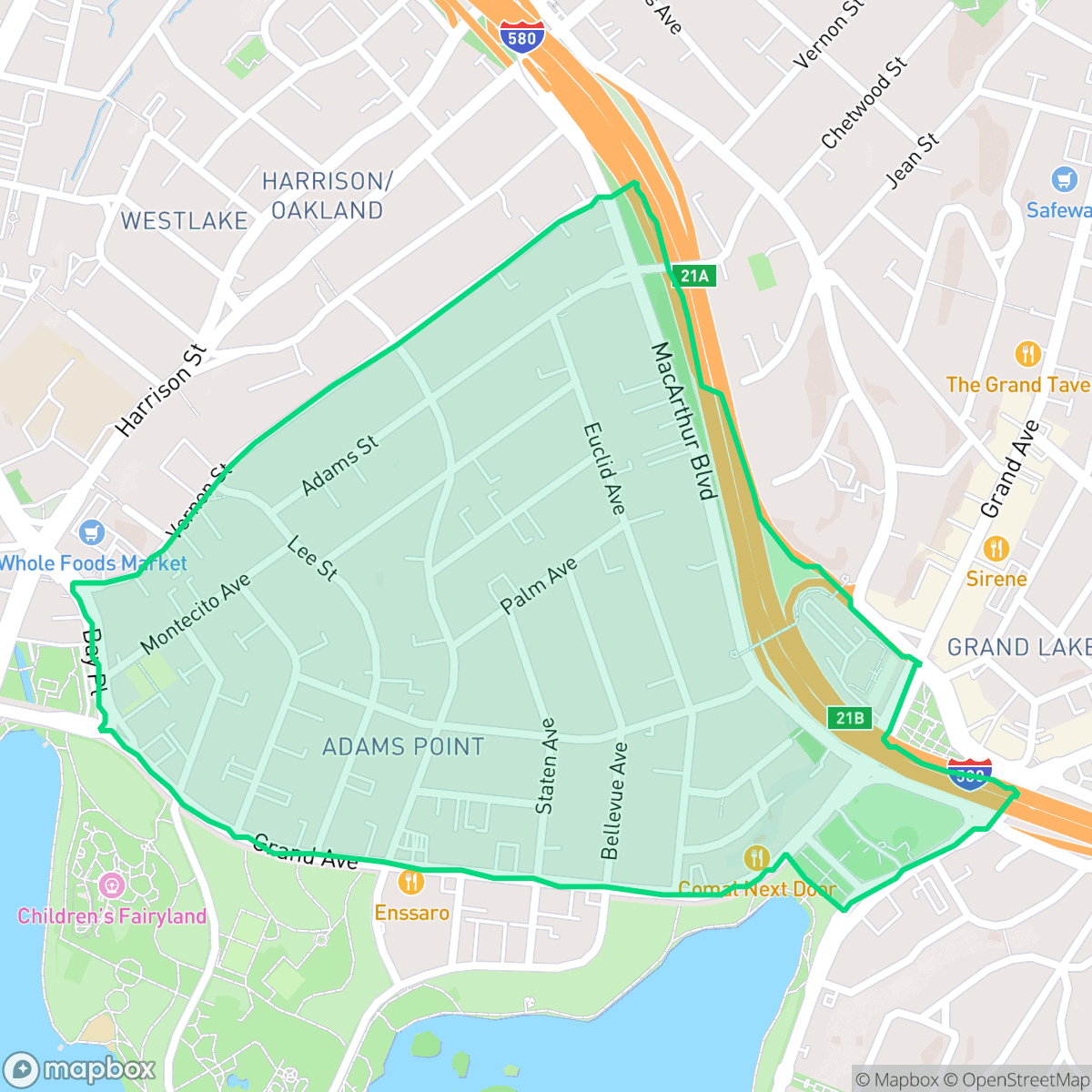 Map showing the location of Adams Point, Oakland, CA